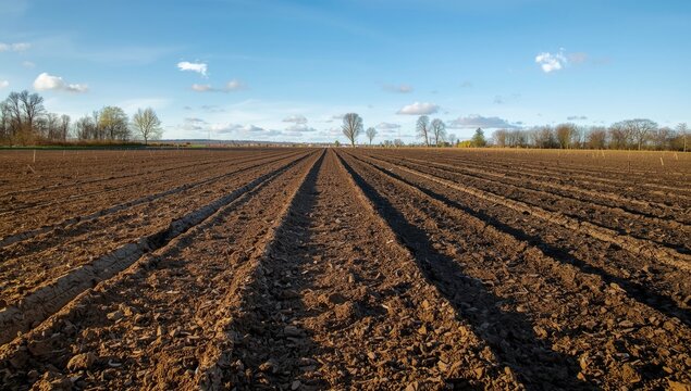 Plowed spring field showing rich soil texture and rows