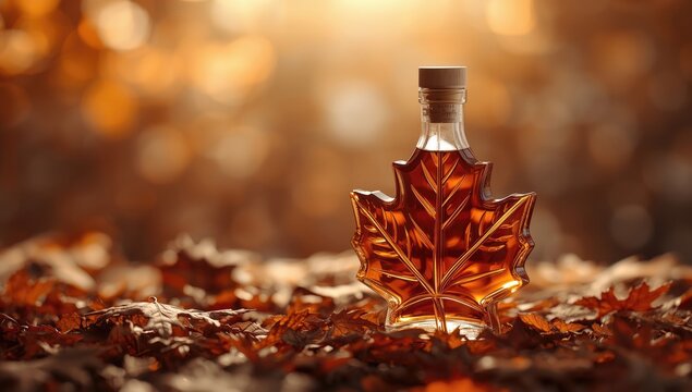 Expansive backdrop with a decorative leaf form bottle of maple syrup gift
