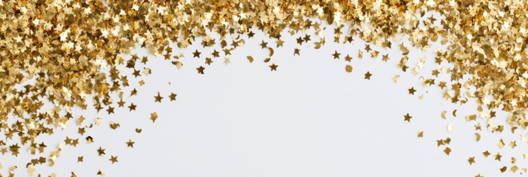 A wide panoramic abstract background shows delicate gold foil with tiny stars and crescent moons. It provides space for text or design.