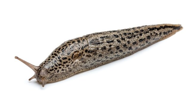 A Leopard slug with spots crawls across a white background. The slug has long antennae and a tapered body