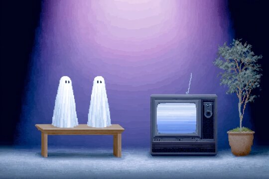 two ghosts playing drums and bass in an old living room with old television on background