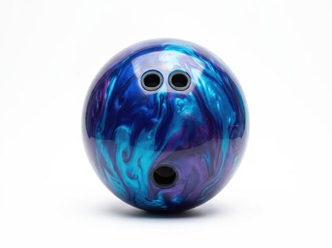A close-up shot of a vibrant blue and purple swirling bowling ball, highlighting its polished surface and finger holes