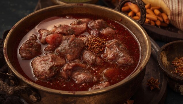 Traditional Indian mutton curry showcasing raw meat and rich spices copy space