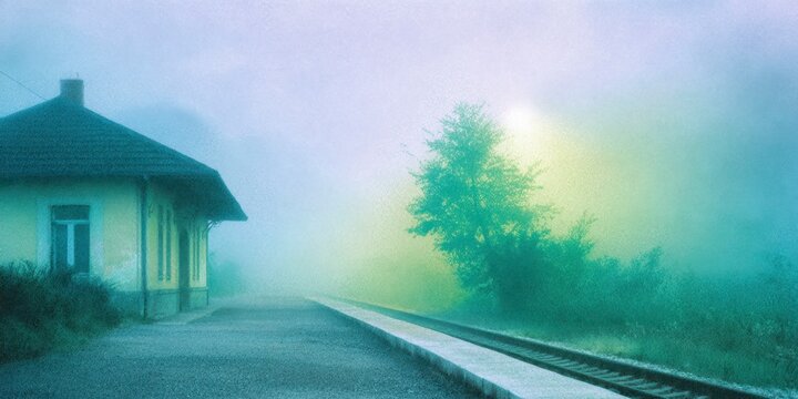 an old train station at dawn, with green and yellow tones
