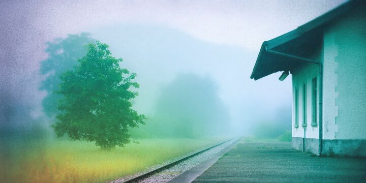 an old train station at dawn, with green and yellow tones