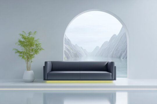 interior design, a futuristic living room with a black leather sofa and neon yellow lighting, white walls, a large arched window overlooking an alien landscape, sleek modern furniture