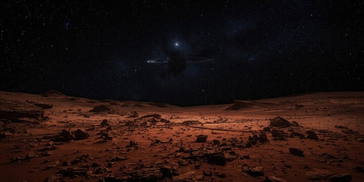 Mars surface at night with visible Saturn, Earth, and star filled universe