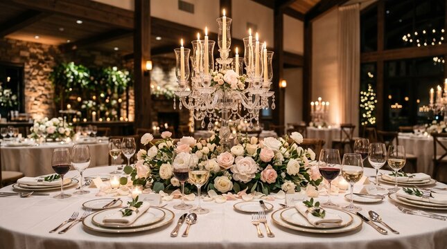 Luxury Crystal Candelabrum Dining Table in Elegant American Fine Dining Venue