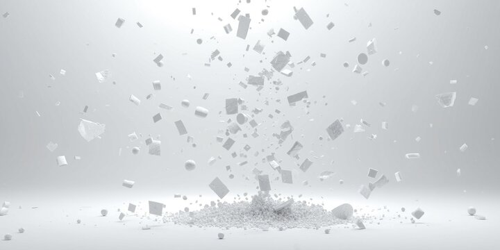White geometric shapes exploding in a light gray background