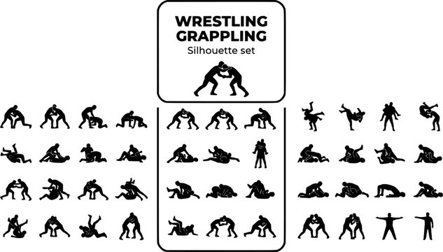 Wrestling Grappling Silhouette Set Black White Sport Bundle Vector Illustration Isolated White Background