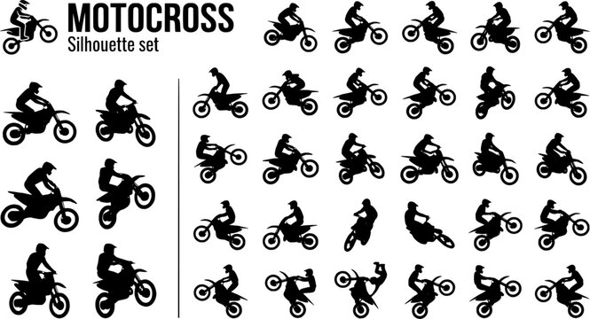 Motocross Dirt Bike Silhouette Set Black White Extreme Sport Bundle Vector Illustration Isolated White Background