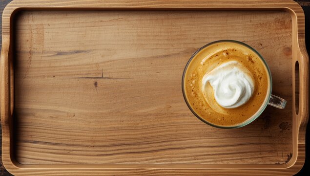 Popular homemade beverage menu highlighting frothy cream Dalgona coffee on wooden tray and copyspace for text