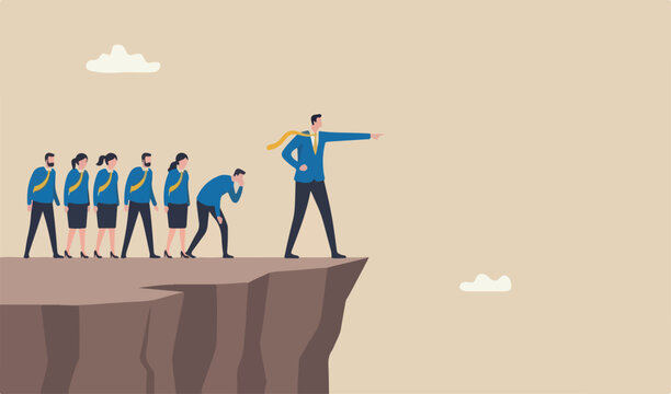Wrong direction leader, stupid authoritarian boss, stupidity or mistake lead company and employees sabotage or bad problem concept, stupid boss manager pointing order employees to jump off cliff