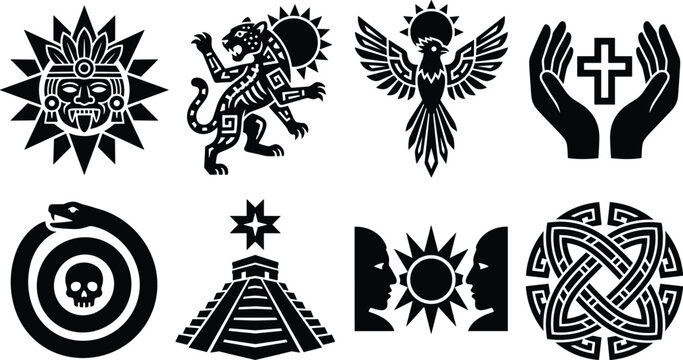 Aztec Mythology and Mayan Culture Silhouette Vector Icon Set Featuring Jaguar Warrior Eagle God Sun Temple and Tribal Symbols