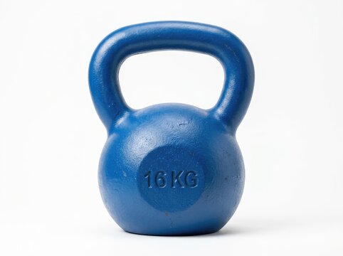 A blue kettlebell with a 16 KG weight indicated on it, presented against a plain background
