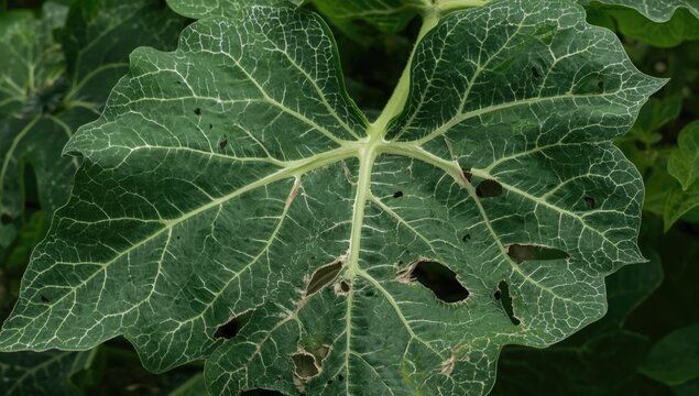 Leaf damage on okra from pests featuring white feeding lines and holes copy space area