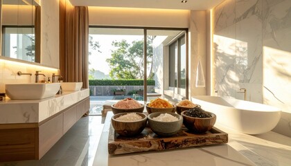 Fototapeta premium An assortment of natural bath salts in wooden bowls arranged on a tray in a luxurious spa setting