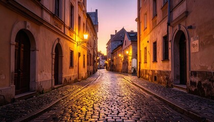 Fototapeta premium An old European cobblestone street winding through historic buildings at sunset with warm lamplight glowing