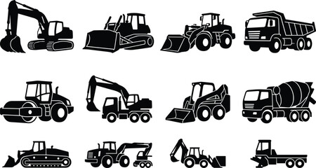 Construction Vehicles Silhouette Vector Set Featuring Excavator Bulldozer Dump Truck and Concrete Mixer Icons © MdRasel