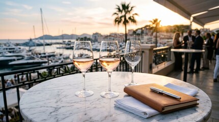 Fototapeta premium Creative business collaboration concept featuring rose wine and a notebook at a networking event