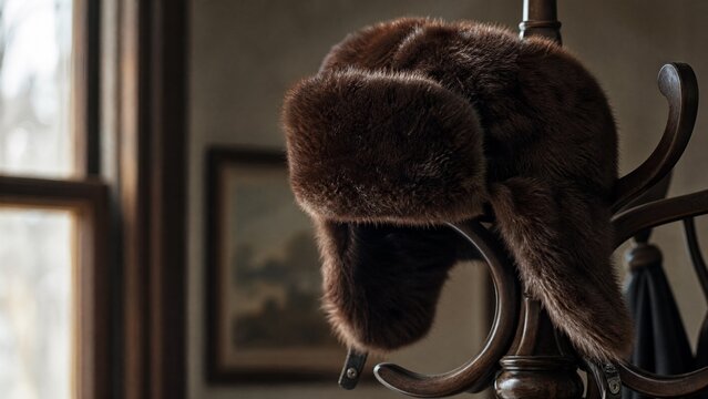 Deep brown bearskin ushanka hat resting on a dark wooden coat rack.
