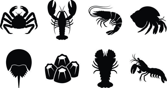 Marine Crustaceans and Seafood Silhouettes Vector Icon Set Featuring Crab Lobster Shrimp and Hermit Crab