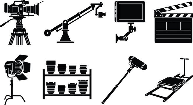 Movie Production and Filmmaking Equipment Silhouette Vector Icon Set Featuring Cinema Camera Jib Crane Clapperboard and Camera Dolly