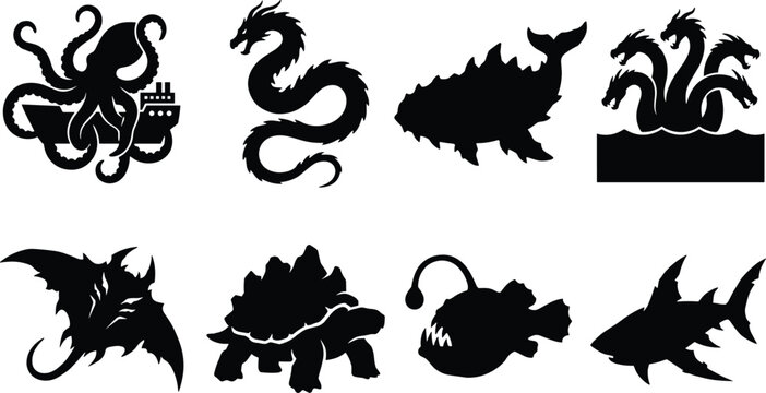 Mythical Sea Monster and Deep Ocean Creature Silhouette Vector Icon Set Featuring Kraken Hydra and Sea Serpent