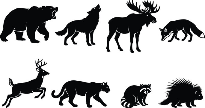 North American Forest Wildlife Silhouette Vector Icon Set Featuring Grizzly Bear Howling Wolf Bull Moose and Running White Tailed Deer