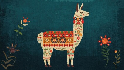 Obraz premium Striking ethnic and floral motifs embellishing a large, colorful llama illustration