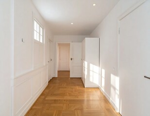 Fototapeta premium Bright Empty Hallway with Sunlight on Wooden Parquet Floor in Minimalist Apartment Interior