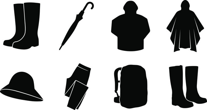 Rainwear and Waterproof Outdoor Gear Silhouette Vector Icon Set Featuring Rain Boots Umbrella Jacket and Poncho