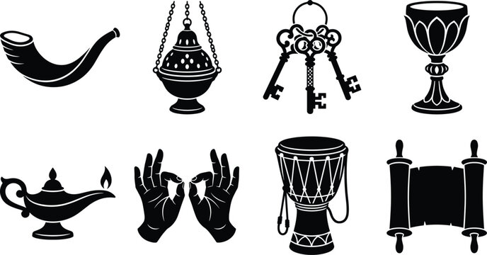 Religious and Cultural Artifacts Vector Silhouette Set Featuring Shofar Chalice Scroll Oil Lamp and Spiritual Symbols