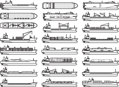 A collection of detailed line drawings showcases various cargo ship designs, illustrating different vessel types and their structures for efficient global trade and logistics.
