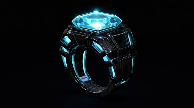 Futuristic ring with glowing gem on a dark background