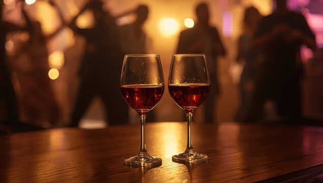 Two filled wine glasses on a table during a spirited party with guests dancing in the background