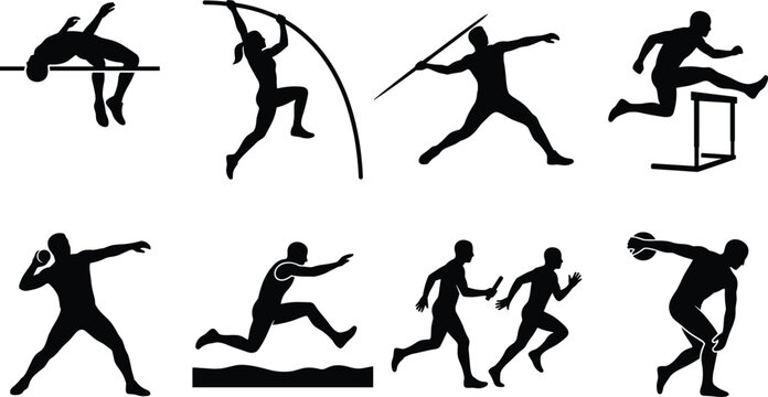 Track and Field Athletes Vector Silhouettes Set Featuring Athletics Sports Events and Decathlon Competitions