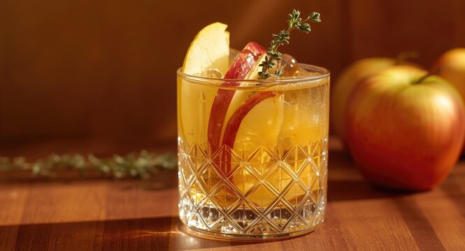 Refreshing golden apple cider cocktail in crystal glass garnished with fresh apple slices lemon and thyme