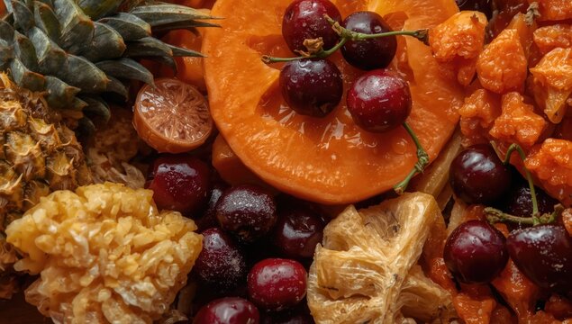 Assorted tropical fruits and dried fruit on a wooden surface