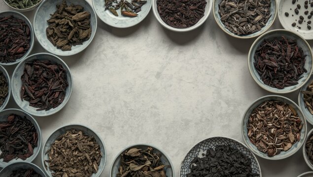 Assorted spices in small bowls arranged in a circular pattern
