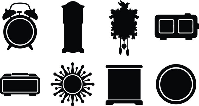 Vintage and Modern Clocks Silhouette Set Featuring Alarm Cuckoo Grandfather Digital and Wall Clock Symbols