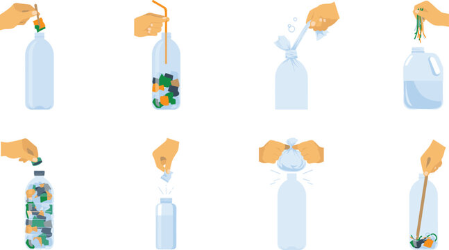 Step by Step Ecobrick Making Icon Set with Hands Stuffing Plastic Waste into Bottles for Environmental Recycling and Eco Friendly Graphic Designs