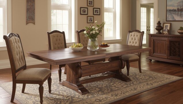 Walnut dining table room mixing rustic design with traditional charm