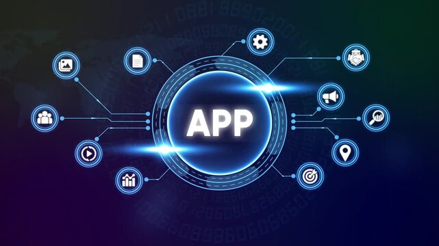 Mobile app development concept with digital network interface and