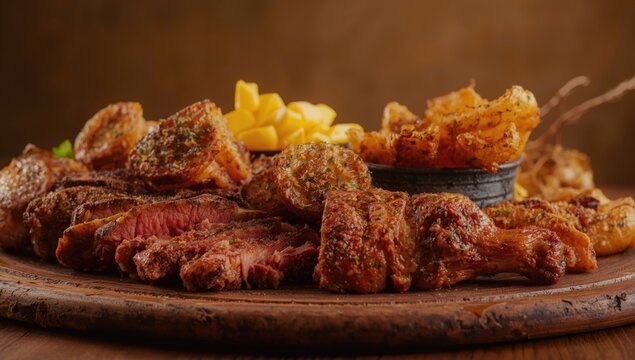 Rustic meat assortment with chicken beef chicharron and fried plantains