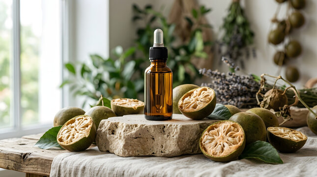 An amber glass dropper bottle mockup on a stone podium surrounded by luo han guo monk fruit in a bright interior setting