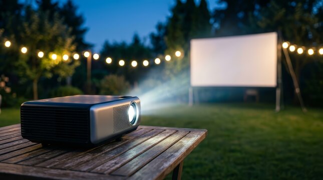 Summer movie night entertainment concept featuring a digital projector and outdoor screen in a garden.