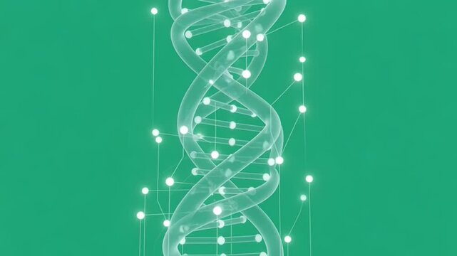 Abstract DNA Double Helix Rotating on Green Background.