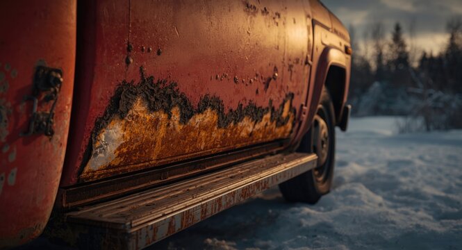 Rust damage on left side threshold of an aged red vehicle from harsh winter conditions