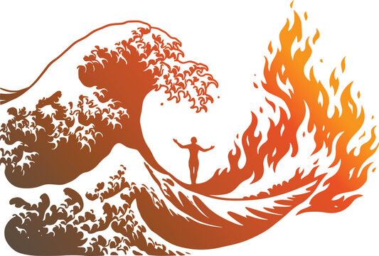 Elemental balance man standing between ocean wave and fire
